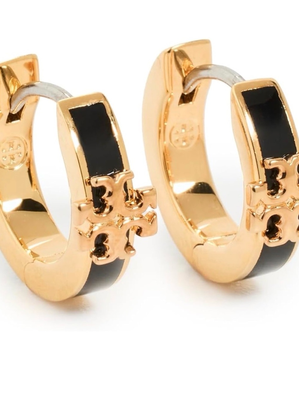 Tory Burch Kira Enamel Huggie Hoop Black & Gold Earrings